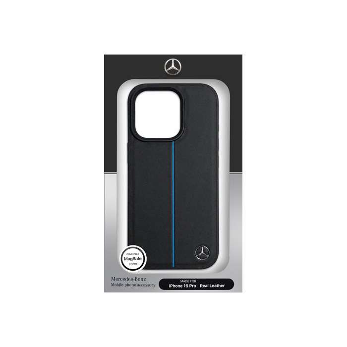 メルセデス・ベンツ iPhone16 Pro用 本革 ブルーストライプ 背面ケース エアージェイ MEHMP16L23RURBK