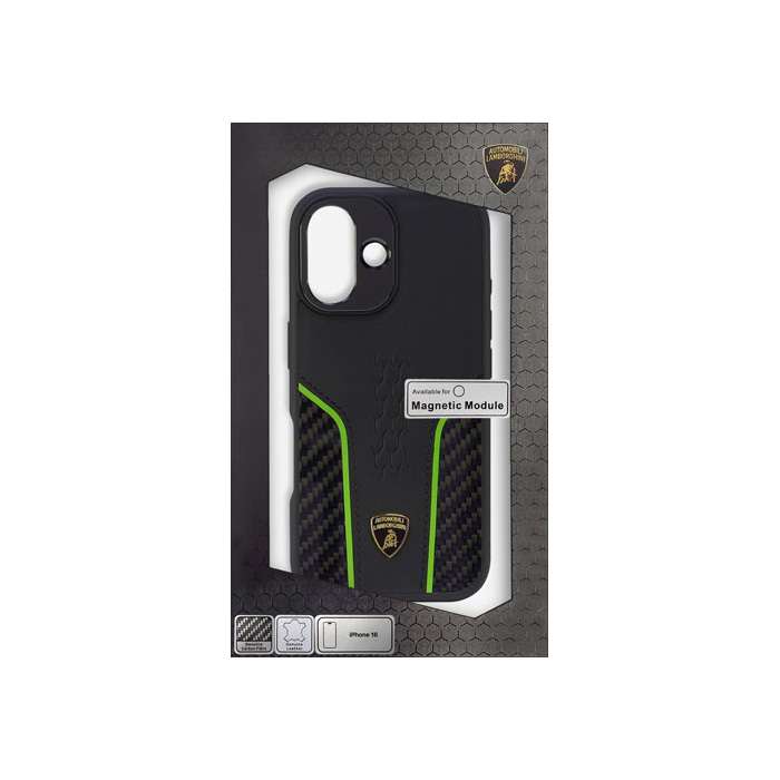 ランボルギーニ iPhone16用 本革＆炭素 うしろ側入れもの 大気圏ジェイ LB-TPUPCMIP16-HU/D21-GN