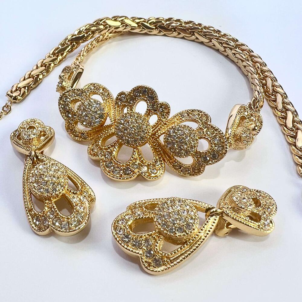 【中古】Christian Dior クリスチャン ディオール フラワー モチーフ ラインストーン ネックレス イヤリング 2点セット GP レア レディース アクセサリー 希少 美品