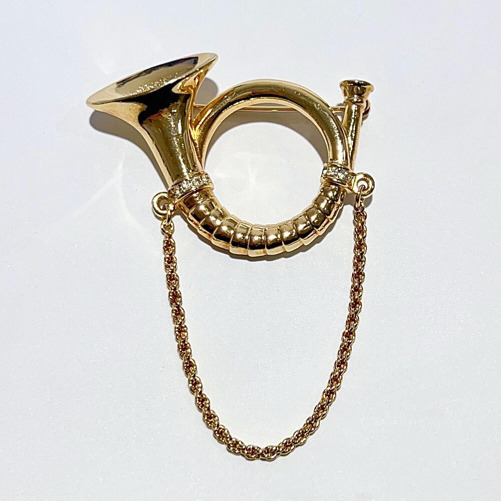 【中古】Christian Dior ラインストーン ホルン モチーフ ピンブローチ GP ゴールド ホワイト レディース アクセサリー 美品