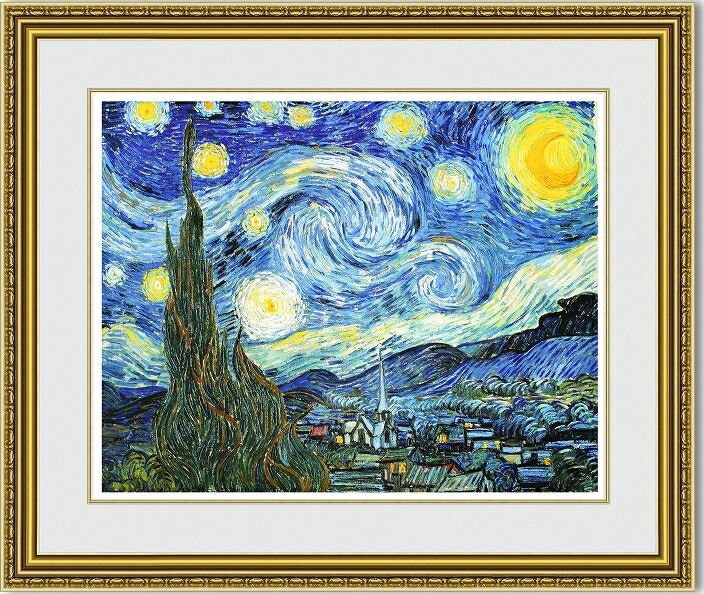 ★秀作★手書き油絵 ゴッホ 星月夜 額付 肉筆絵画 インテリア 油彩画 ☆秀作☆手書き油絵 ゴッホ 星月夜 額付 肉筆絵画 インテリア 油彩画