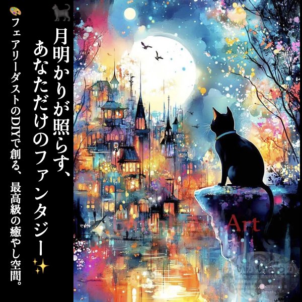 ＼P2倍★4/9まで／【送料無料】ダイヤモンドアート 満月と黒猫 北欧ステンドグラス風／フェアリーダストorクリスタルスクエア選べる♪ 初心者OK◎ 壁掛け・省スペース対応！ ビーズアート 選べる特大 5D DIY