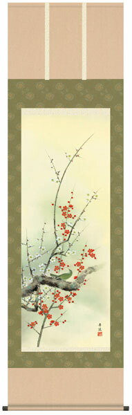 掛け軸　掛軸　花鳥画　根本孝逸・紅白梅に鶯（掛軸）