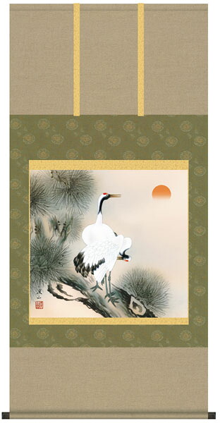 掛け軸　掛軸　慶祝縁起画　伊藤渓山・松上双鶴　床の間