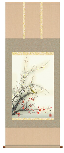 楽天市場】掛け軸 掛軸 花鳥画 園田峰彩・紅白梅に鶯（掛軸） : 絵画生活
