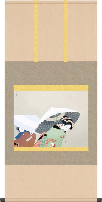 掛け軸 掛軸 上村松園(うえむらしょうえん)・牡丹雪(ぼたんゆき) 尺五 名作品 桐箱畳紙収納 風鎮付き|絵画生活