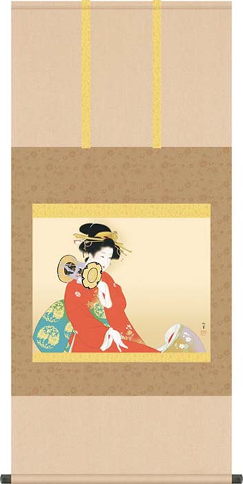 掛け軸 掛軸 上村松園(うえむらしょうえん)・鼓の音(つづみのね) 尺五 名作品 桐箱畳紙収納 風鎮付き|絵画生活