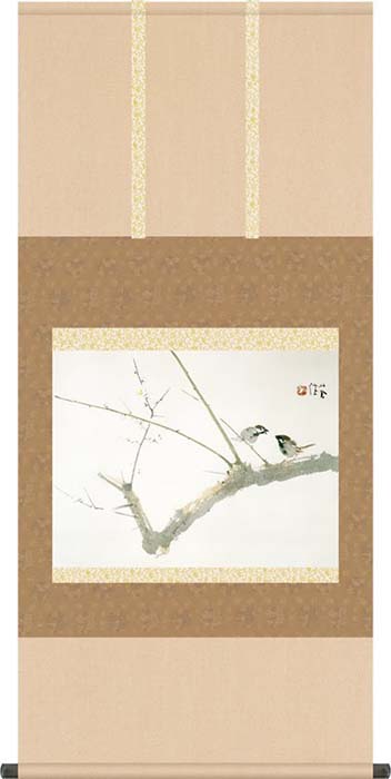 掛け軸 掛軸 竹内栖鳳(たけうちせいほう)・ 梅園(ばいえん) 尺五 名作品 桐箱畳紙収納 風鎮付き|絵画生活