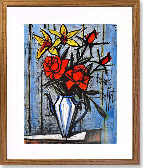 宅配買取店頭受取のみ ★☆ Bernard Buffet 菊 ベルナール ビュッフェ リトグラフ 自筆サイン 額装 額約72㎝×約92㎝ 東京都国立駅前店 手渡し 石版画、リトグラフ