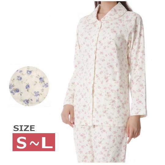 【婦人用：S-L】楽らくパジャマ 上下セット 前開き 花柄　No.905　通年用　ピンク/ブルー 日本製（神戸生絲）【送料無料】【メーカー直送】【返品交換不可】【代引き決済不可】