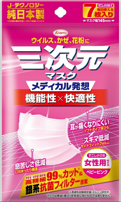 楽天市場 あわせ買い2999円以上で送料無料 コーワ 三次元マスク すこし小さめサイズ 女性用 ベビーピンク 7枚入 高機能 風邪 ウイルス 花粉 ホームライフ