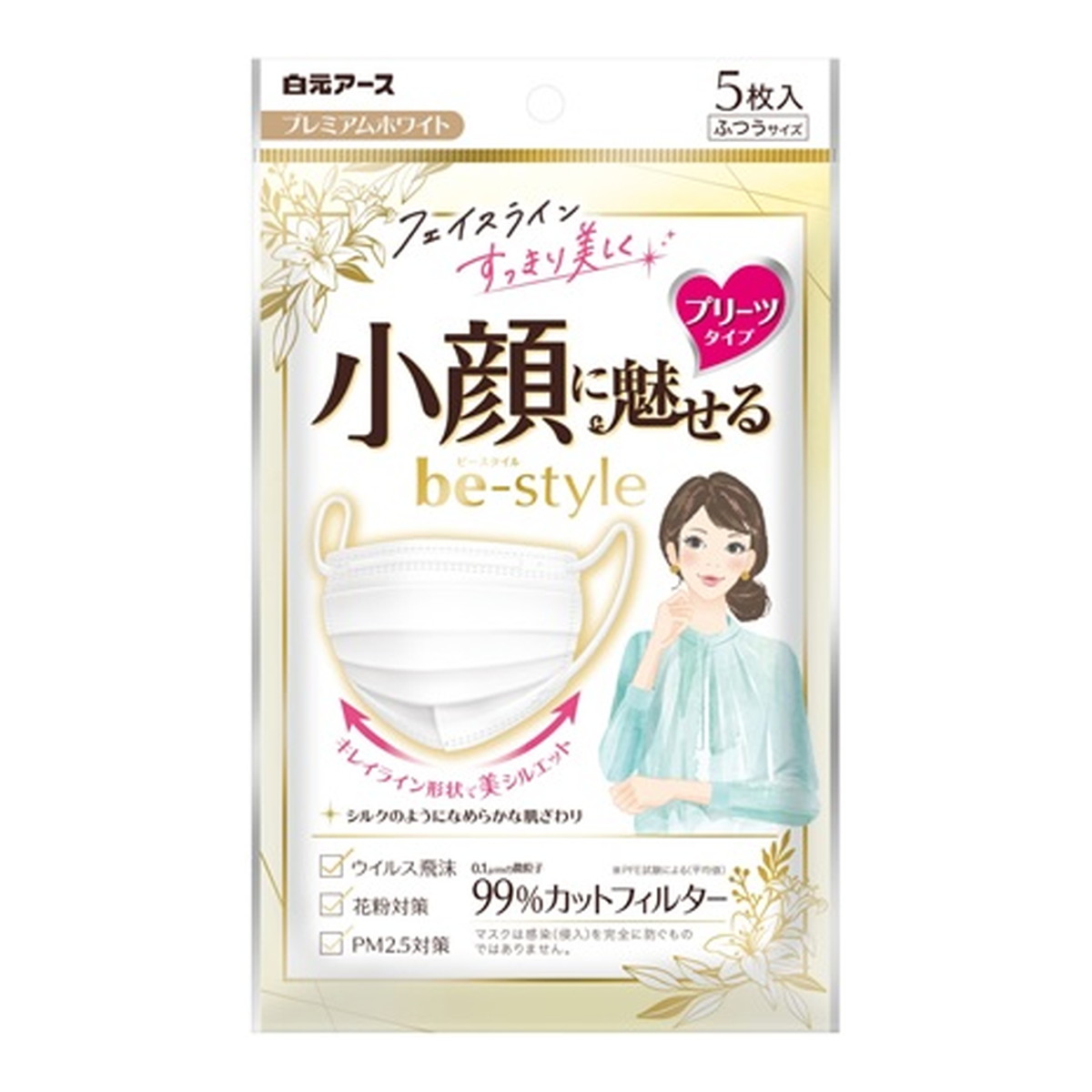【送料お得・まとめ買い×80個セット】白元アース ビースタイル プリーツタイプ マスク ふつう サイズ プレミアム ホワイト 5枚入