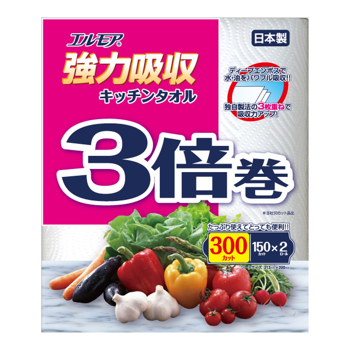 【送料お得・まとめ買い&times;24個セット】カミ商事 エルモア 強力吸収 キッチンタオル 3倍巻 300カット(150カット&times;2ロール)｜ホームライフ