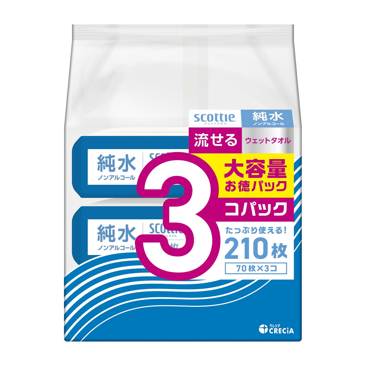 【送料お得・まとめ買い×7個セット】日本製紙クレシア スコッティ 流せる ウェットタオル 純水 ノンアルコール 70枚×3コパック