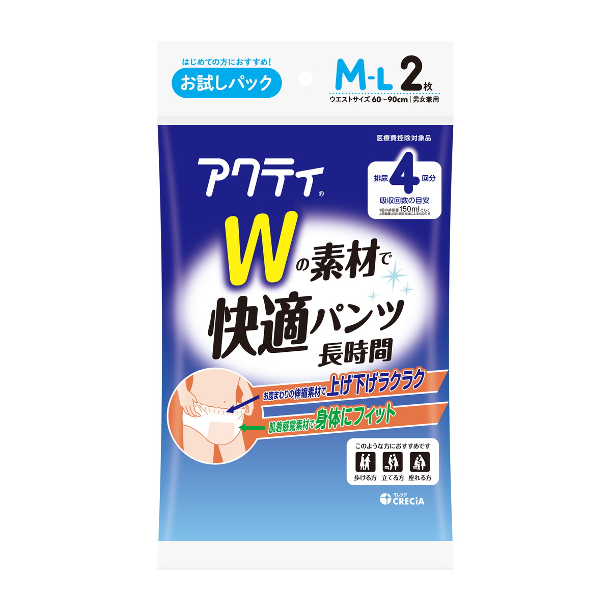 【送料お得・まとめ買い×13個セット】日本製紙クレシア アクティ Wの素材で快適パンツ 長時間 M-Lサイズ お試しパック 2枚入 大人用紙おむつ
