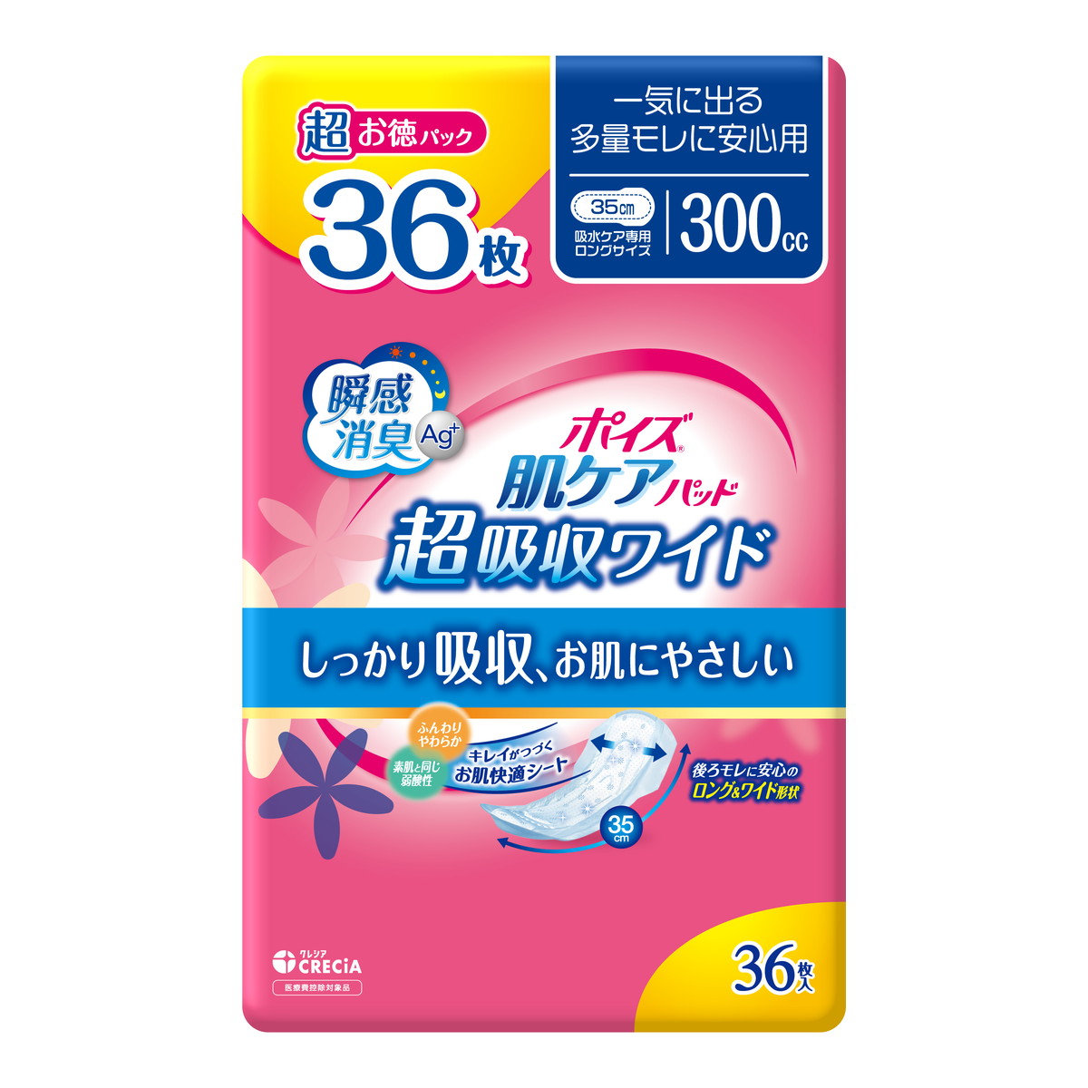 【送料お得・まとめ買い×6個セット】日本製紙クレシア ポイズ 肌ケアパッ ド 超吸収ワイド 一気に出る多量モレに 安心用 超お徳パック 36枚入 尿とりパッド
