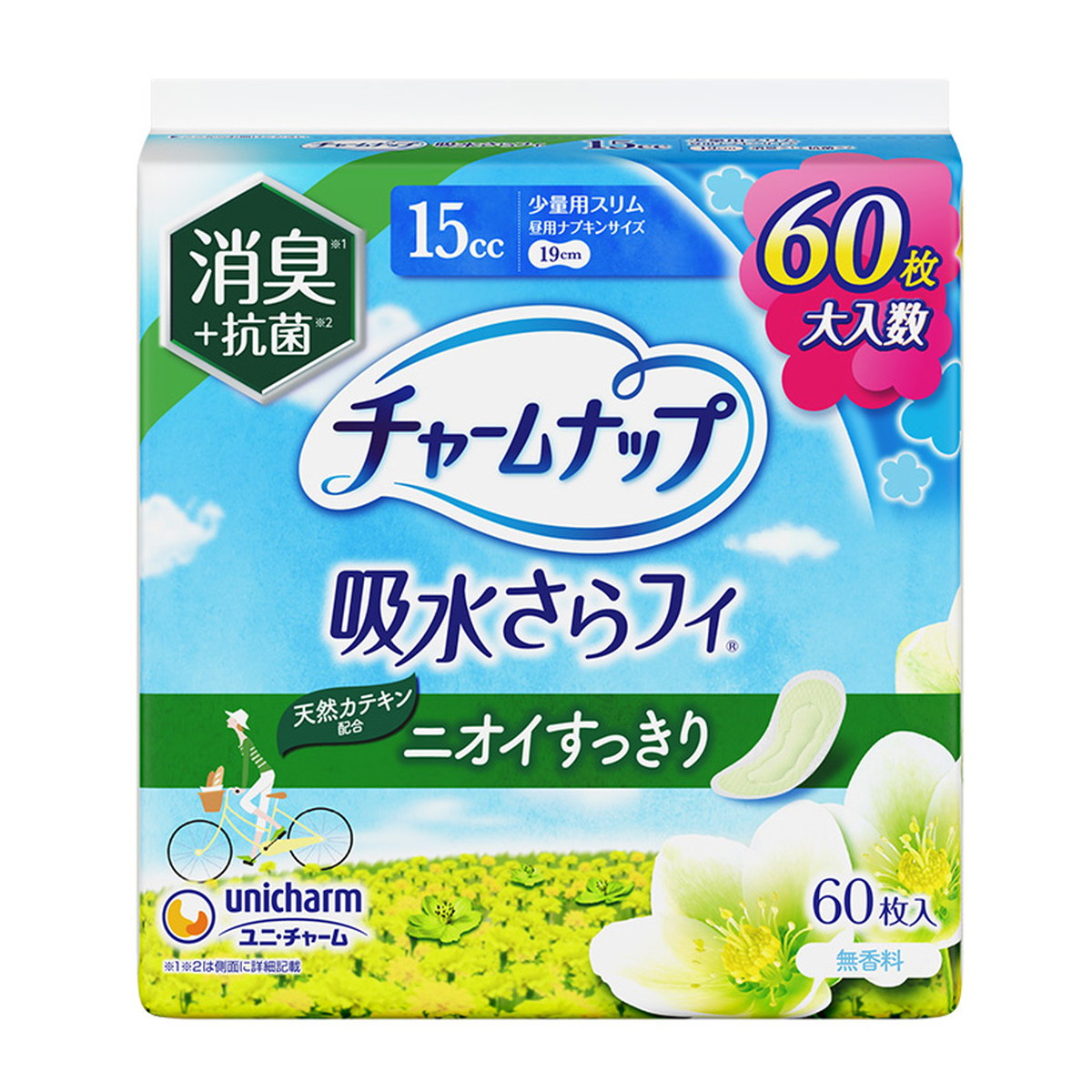 【送料お得・まとめ買い&times;11個セット】ユニ・チャーム チャームナップ 吸水さらフィ ニオイすっきり 少量用スリム 19cm 15cc 消臭タイプ 60枚｜ホームライフ