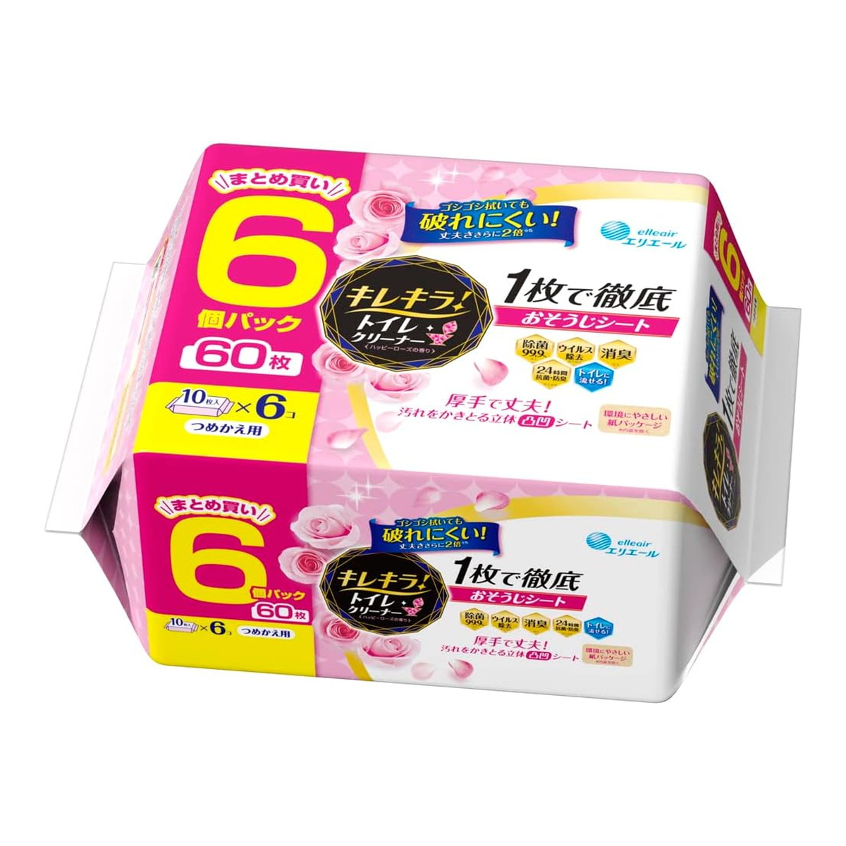 【送料お得・まとめ買い×7個セット】大王製紙 エリエール キレキラ! トイレクリーナー 1枚で徹底おそうじシート ハッピーローズ つめかえ用 60枚(10枚×6P)