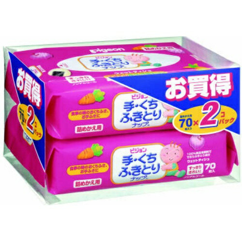 【あわせ買い2999円以上で送料お得】ピジョン 手・くちふきとりナップ 詰め替え用 70枚×2個パック ノンアルコールタイプのウェットティッシュ( 4902508104296 )
