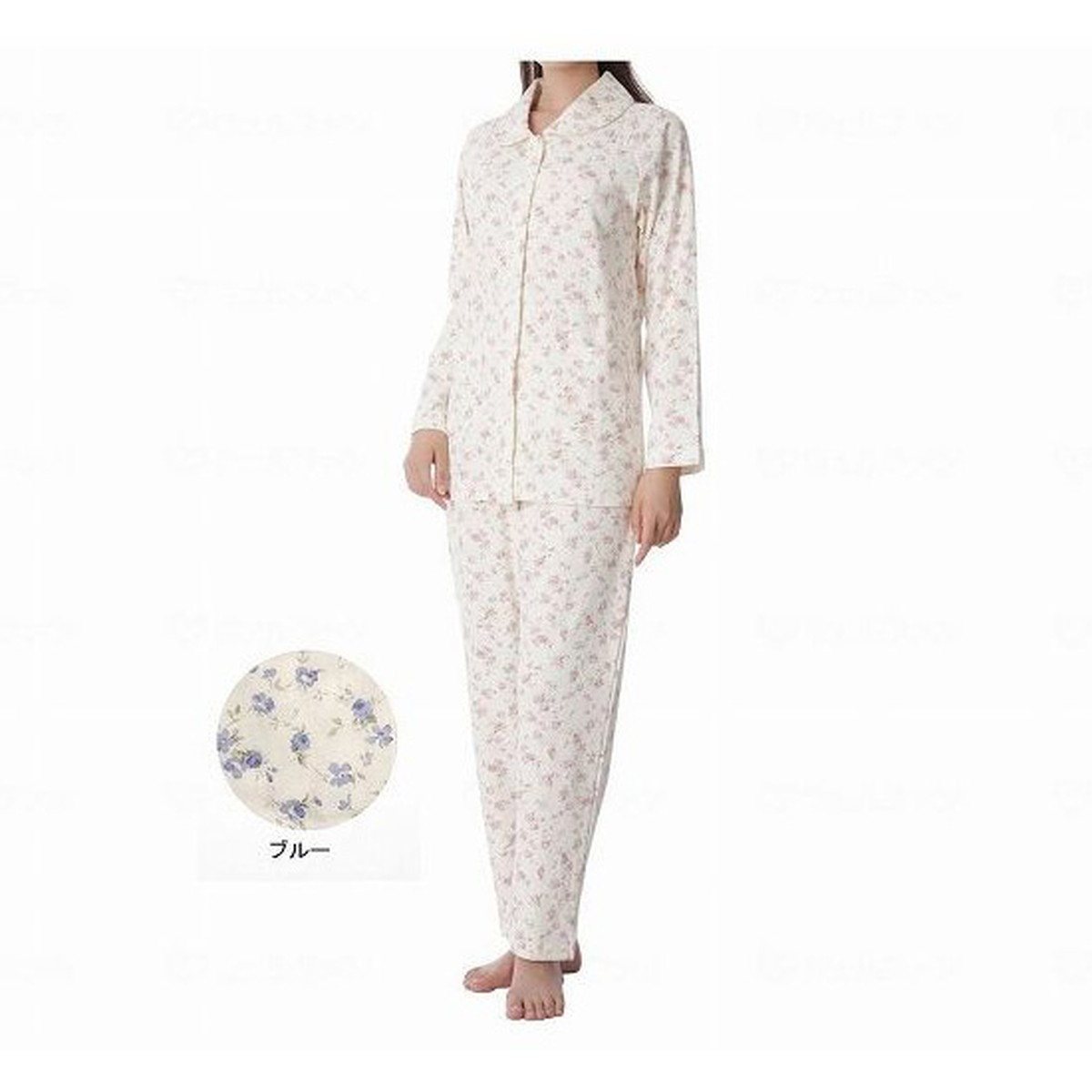 【送料お得・まとめ買い×2個セット】神戸生絲 楽らく パジャマ 柄タイプ スムース 上下セット 婦人用 No.905 M ブルー