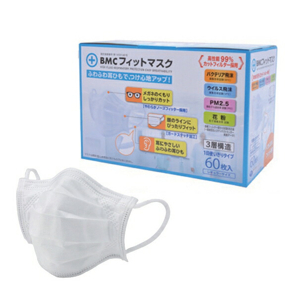 BMCフィットマスク　レギュラー　60枚入(1箱)　メガネが曇りにくい立体構造　耳が痛くなりにくい ふわふわ耳ゴム　ビー・エム・シー