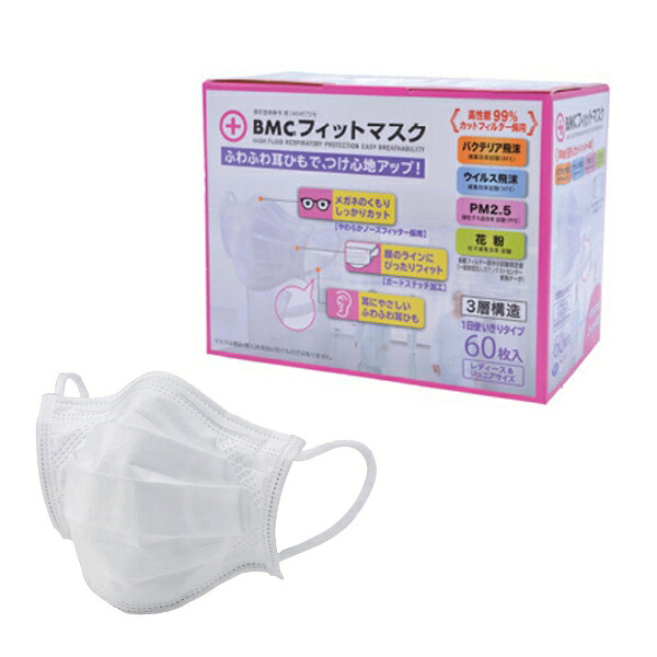 BMCフィットマスク　レディース＆ジュニア　1箱 60枚入　メガネが曇りにくい立体構造　耳が痛くなりにくい ふわふわ耳ゴム　ビー・エム・シー｜介護もーる　介護用品専門店