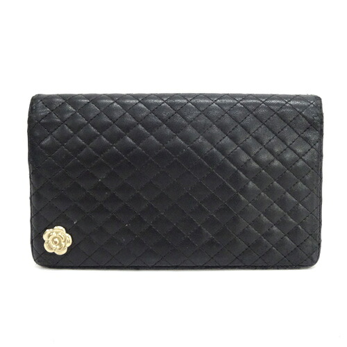 【中古】CHANEL(シャネル) レザー「キルティング カメリア」ブラック 二つ折り 長財布《財布/サイフ/ウォレット》【ブランド】【山城店】