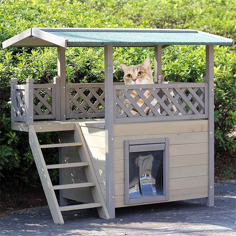 猫 住みか 室外用 雨合羽 防寒 キャットハウス 2階建て、部屋の入り口窓かけ付き添い人 猫の家 木製で耐候性に優れている 室外用野ら猫保護施設