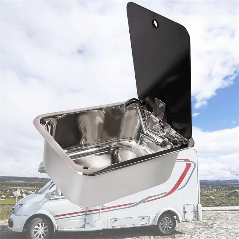 RV の台所の流し キャラバンRVシンク RV用シンク RV キャラバン シンク 四角いステンレススチール シングルボウルシンク 多機能手洗い器 折りたたみ式蛇口と蓋付き バー、トラック、キャンピングカー、ボート用