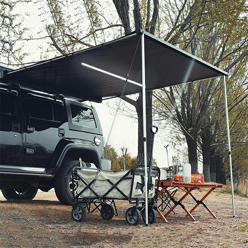 車 サイドオーニング カーサイドタープ カーオーニング LEDライトバー付き アルミ合金ハウジング リップストップ200Dオックスフォード生地 UPF50+防水PU 5000mm 車/SUV/トラック/バン用｜Kailand