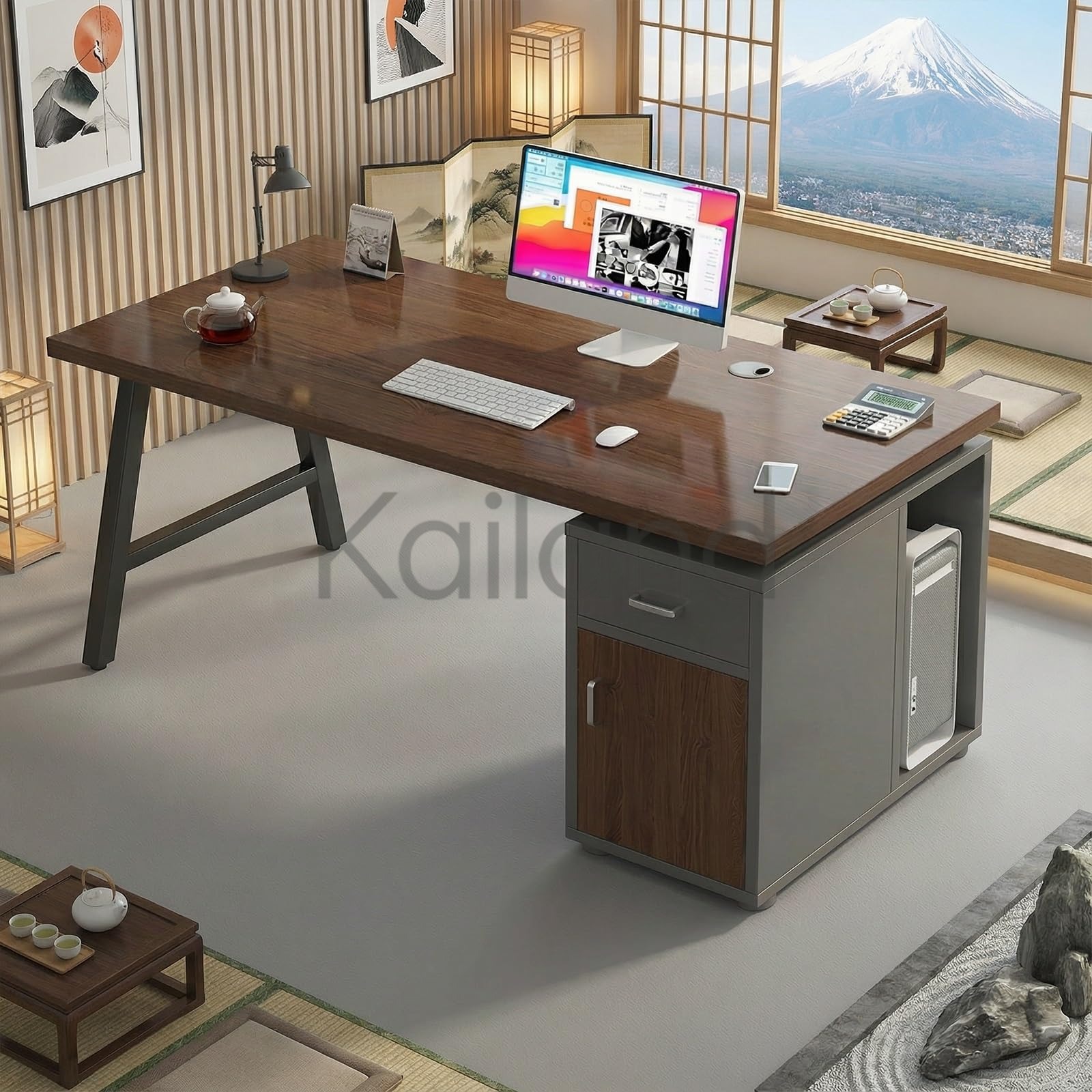 社長デスク 社長机 エグゼクティブデスク 役員用デスク 厚さ2.4cmの天板 オフィステーブル 40&times;20mmのスチール脚 会議用テーブル パソコンデスク 耐荷重200kg 引き出しとファイリングキャビネット付き 配線孔 社長室マスターテーブル 役員用家 自宅 書斎｜Kailand