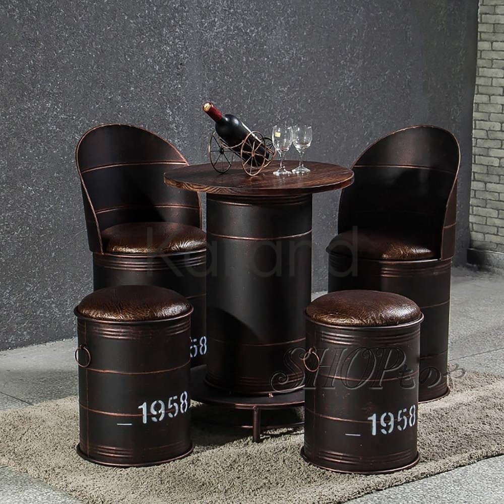 バーレトロスーツ、 ヨーロッパのバーテーブルと椅子、ドラム缶コンビネーション、5点セット錬鉄製レトロインダストリアルスタイルミルクティーデザートショップカフェ収納スツール｜Kailand