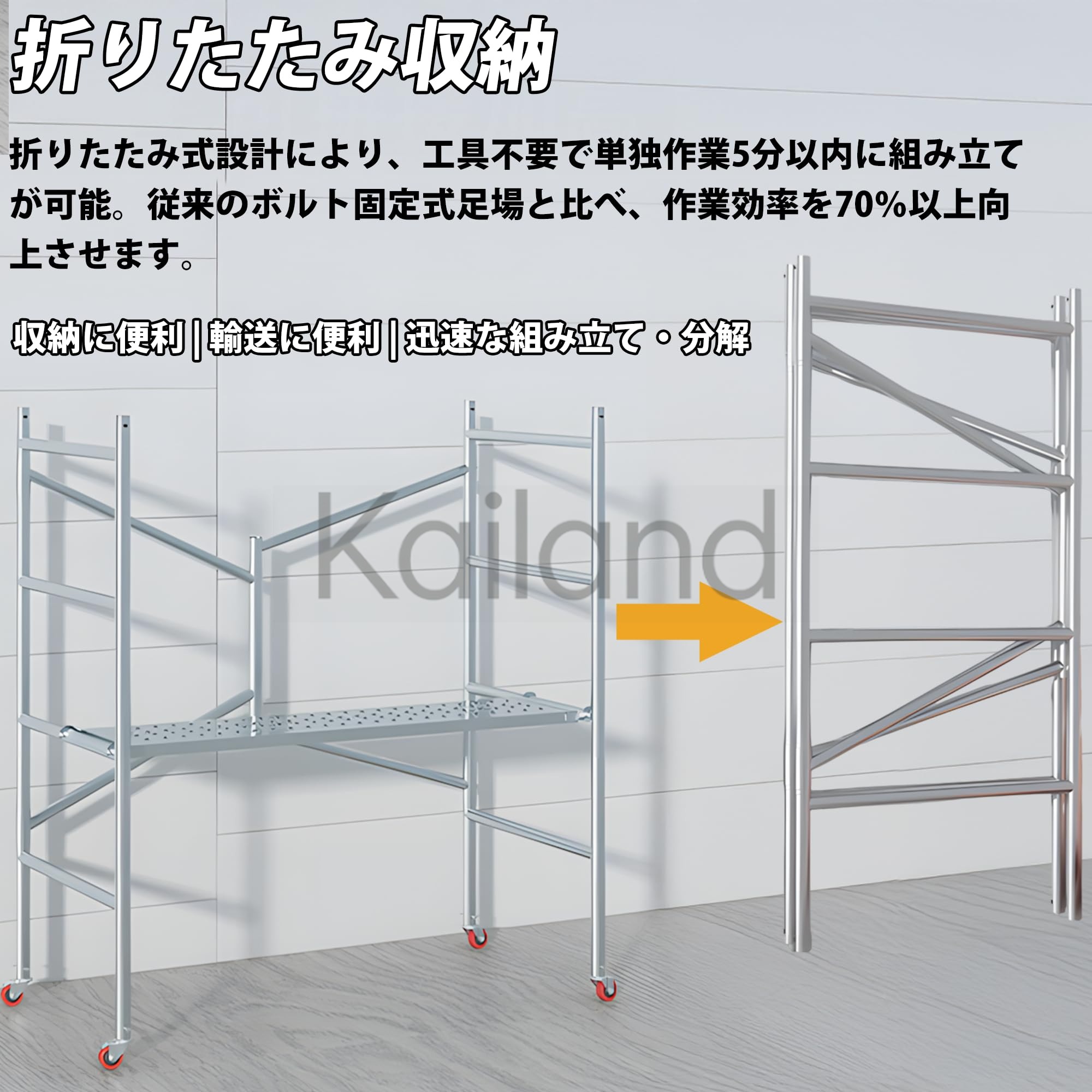 【ポイント4倍!7月限定!店舗の人気商品!】耐荷重500kg 折りたたみ 足場 高所作業台 足場台 足場板 作業用踏台 折りたたみ作業台 高さ135CM~375CM 移動足場 ステップ 踏台 高所 移動式 折りたたみ式足場 道具が置ける幅広ステップ 軽量 持ち運び便利 幅広い用途 屋内清掃|Kailand