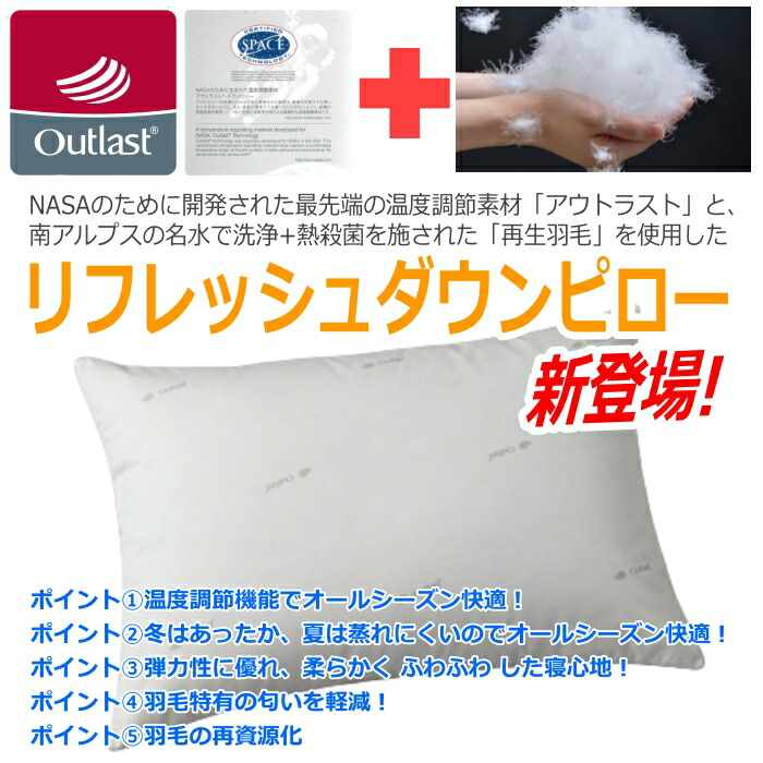 再生羽毛枕リフレッシュダウンピロー(Lサイズ)50×70cmアウトラスト生地+再生羽毛使用安眠枕安眠枕