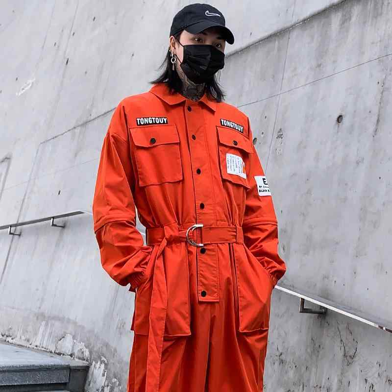 つなぎ ジャンプスーツ メンズ チャイナ風 オレンジ オーバーオール 長袖 半袖 取外し可能 レギンス ストリート ジャンプ ヒップホップ オールシーズン