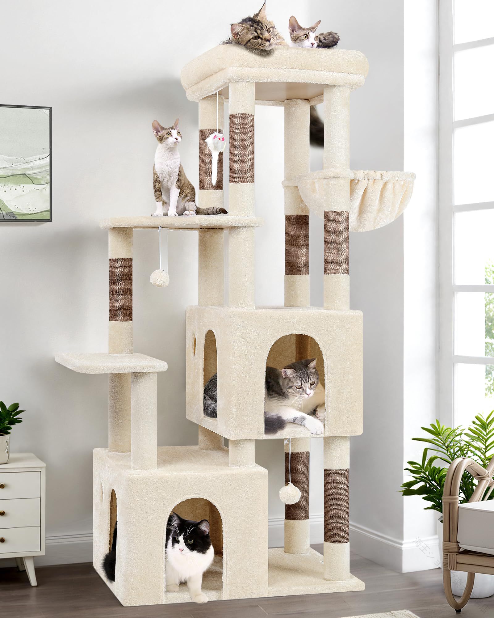 猫タワー 据え置き 大型 猫用 多頭飼い シニア 2ねこハウス 7天然麻紐 爪とぎポール 多機能 登りやすい ぬいぐるみ クッション 展望台 猫 ベッド ハンギング バスケット ポンポン おもちゃ 転倒防止 ベルト付き