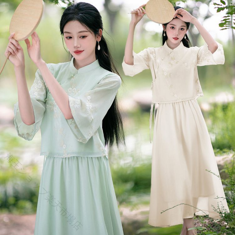 古典 中華 夏 新作 改良 唐装 漢服 チャイナドレス 女性用 上下セット 薄手 花刺繍 茶芸 普段着 おしゃれ 中国風 華流 演奏 ステージ衣装 文化祭 コスプレ