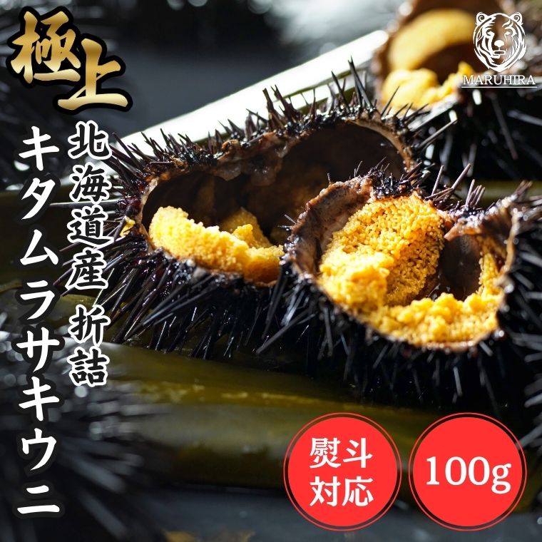 【5/23 20:00-5/27 01:59 店内全品ポイント5倍】【鮮度抜群！ 網元ならではの高品質と低価格】「特選 生うに折詰め」折詰 100g 北海道産キタムラサキウニ【配達日・時間指定不可】<br>雲丹 天然 板うに 折うに 極上グレード お買い得 うにの匠マルヒラ渡邊水産<br>