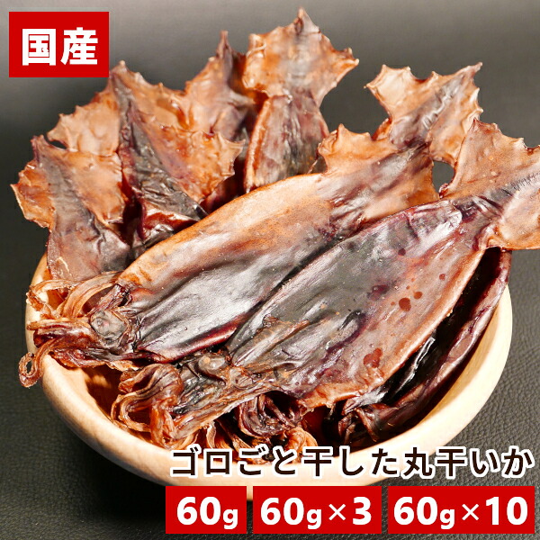 丸干いか ゴロ付き 60g 1袋/3袋/10袋セット 4~5枚入 丸干しいか 日本酒に合う 珍味 酒の肴 お徳用 送料無料 おつまみ するめ 国産 甘味料 着色料 保存料 無添加 素干し 内臓 肝 スルメイカ 乾燥 お取り寄せグルメ メール便|海鮮小樽