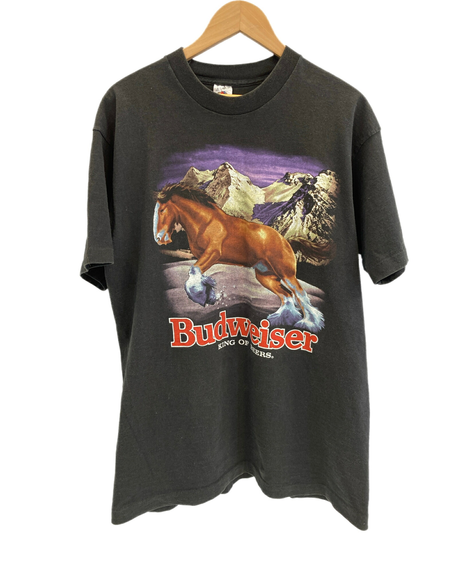 90s バドワイザー ヴィンテージTシャツフェードブラック L 90's Budweiser バドワイザー KING OF BEERS 両面プリント T