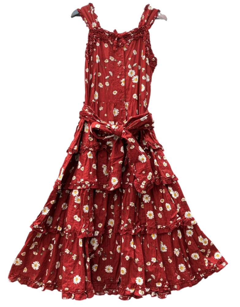 【中古】 ピンクハウス PINKHOUSE ひなぎく プリント キャミソール ノースリーブ ロング丈 DRESS ドレス リボン ピコフリル ティアード コットン 綿 RED 赤 A2133FAY064 ワンピース 花・植物 レッド 104LT-242|ドンドンサガール