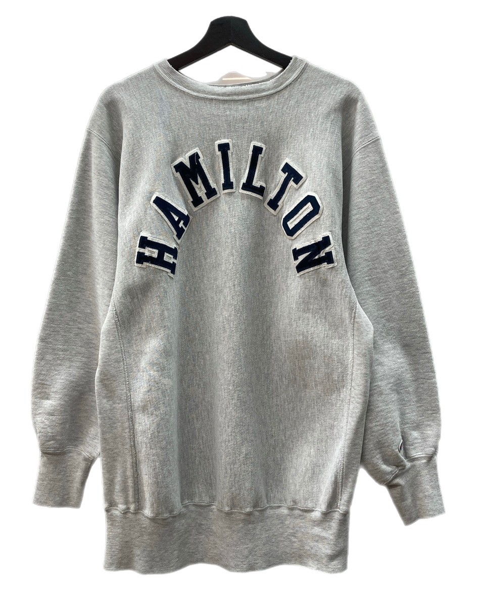 【中古】 はやりっ子 Champion 90s 90年月日 刺しゅう引き船 REVERSE WEAVE リバースウィーブ  USA製 HAMILTON 単科大学 アーチ形ロゴタイプ 刺しゅう 紋章 薄墨色 流汗 刺しゅう 薄墨色 2XL大きさ 104MT-2283