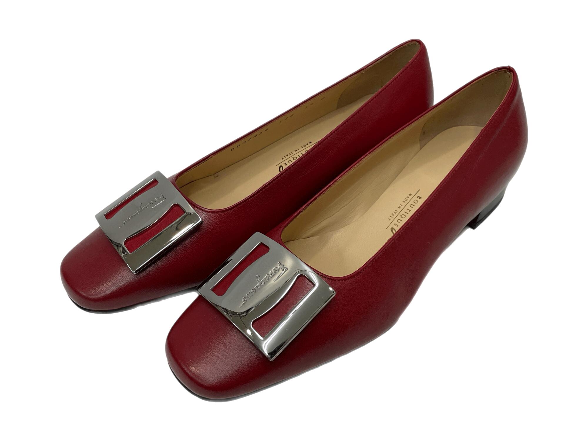 【中古】サルヴァトーレフェラガモ Salvatore Ferragamo スクエアトゥ フラット パンプス ヴァラ金具 レディース靴 パンプス ワインレッド 601sh-66｜ドンドンサガール
