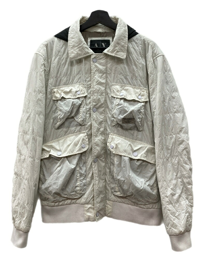 【中古】 アルマーニ ARMANI EXCHANGE NYLON JACKET ナイロン 上衣 ジップアップ ボンネット アウター 白 上衣 ロゴタイプ 白いこと L大きさ 104MT-2401