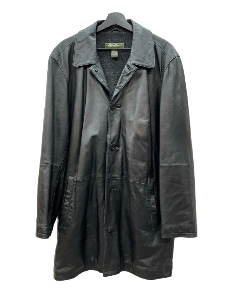 【中古】 エディーバウアー Eddie Bauer 90s 00s RAMB LEATHER COAT 子ヒツジ なめし革 厚地の外套 名取り草 ロング アウター 上衣 黒 上衣 無地 黒いこと L大きさ 104MT-2604