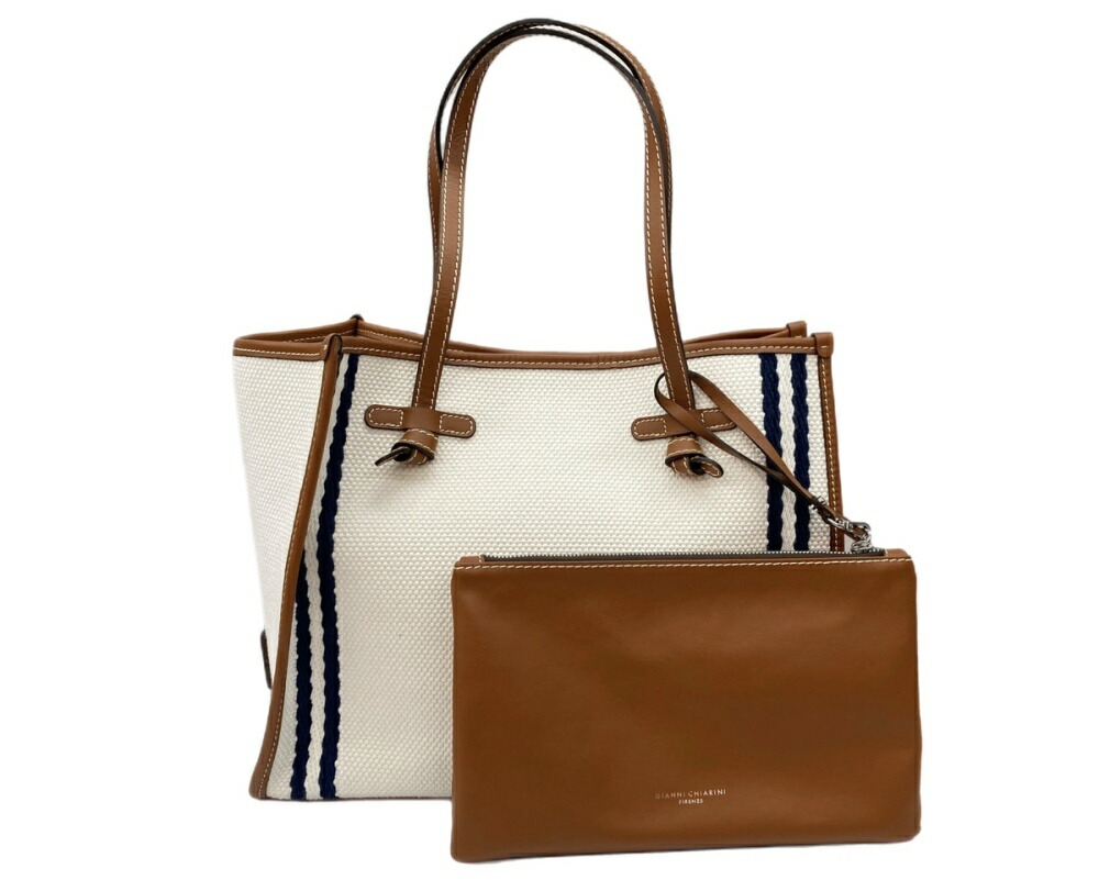 【中古】 ジャンニ・キアリーニ GIANNI CHIARINI マルチェッラ MARCELLA キャンバス トートバッグ レザー 大容量 A4収納可 オフィス カジュアル ステッチ イタリア製 BEIGE バッグ レディースバッグ トートバッグ ライン ベージュ 104B-128｜ドンドンサガール