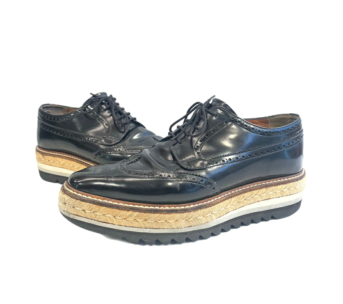 【中古】プラダ PRADA ウイングチップ エスパドリーユ プラットフォーム レザーシューズ 2EG015 メンズ靴 その他 ブラック サイズ6 101sh-2532｜ドンドンサガール