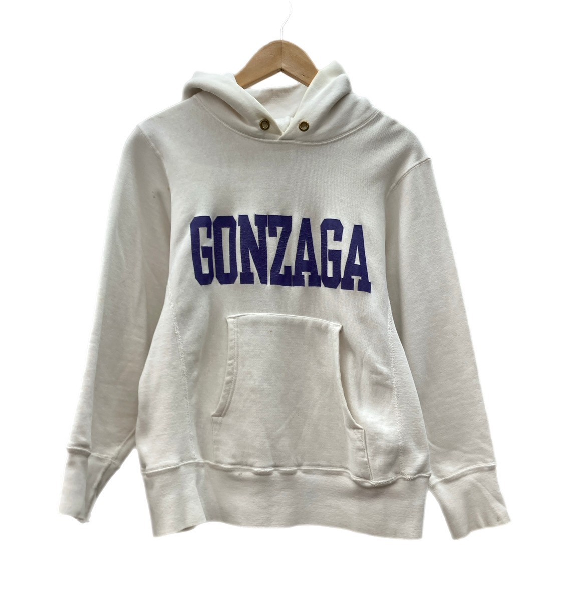 【中古】 チャンピオン Champion REVERSE WEAVE リバースウィーブ 80 ヴィンテージ トリコタグ ラバー カレッジ GONZAGA 白 パーカ プリント ホワイト Sサイズ 104MT-2874