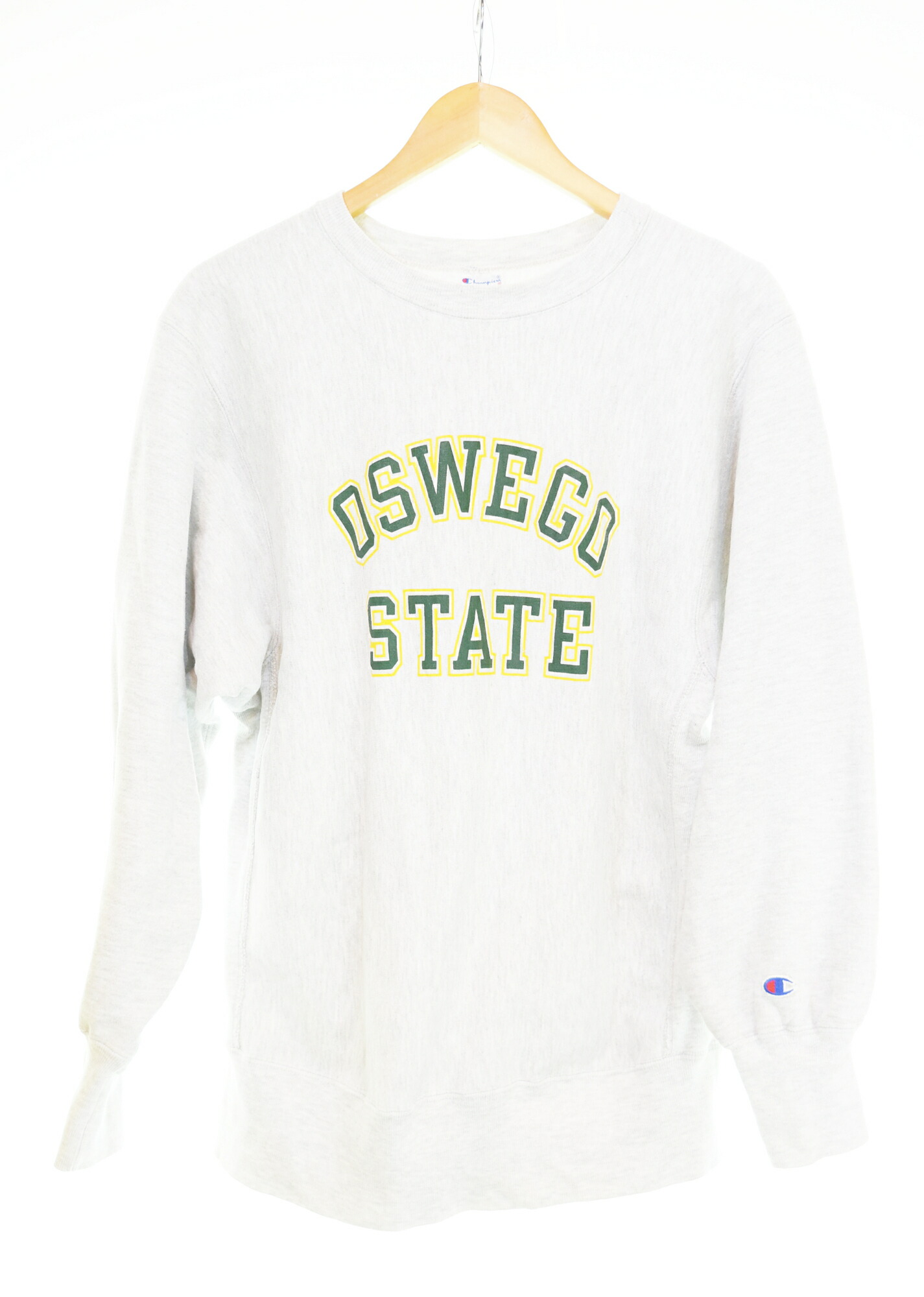 【中古】はやりっ子 Champion 90s USA製 Reverse Weave逆さま OSWEGO STATE 2段 単科大学 流汗 流汗 薄墨色 L大きさ 103MT-4186