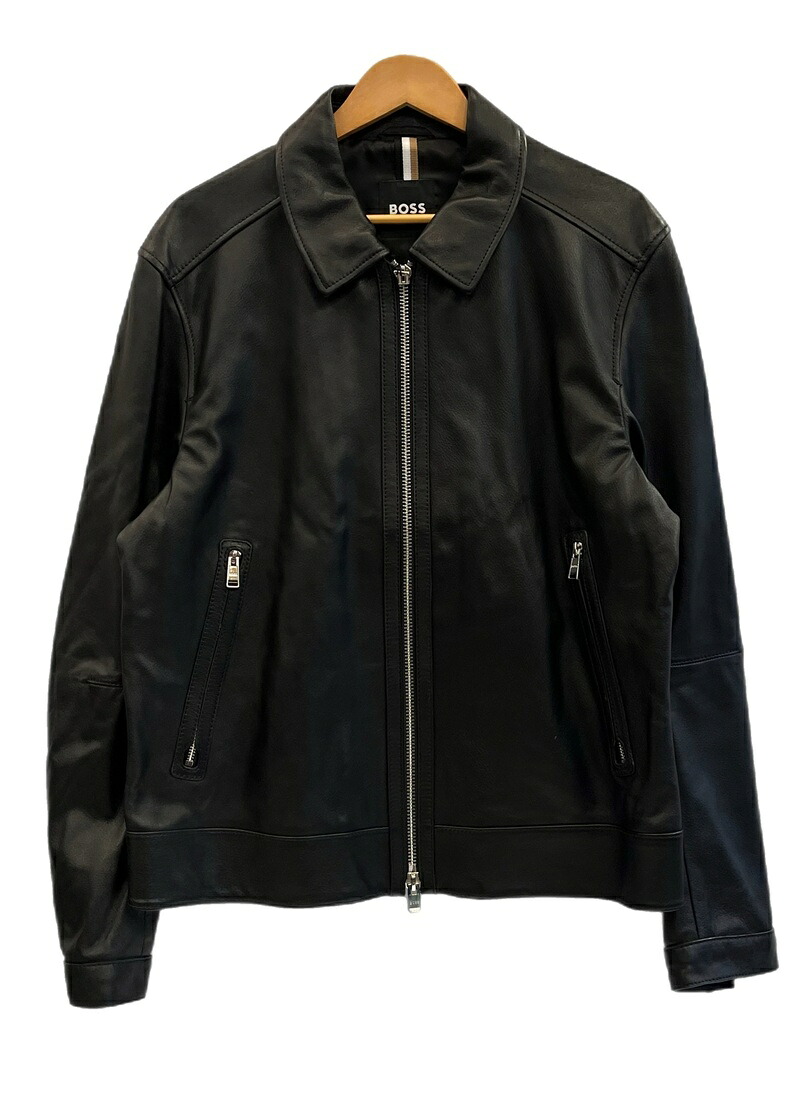【中古】主任者 BOSS HUGO BOSS ヒューゴボス 羊革 子ヒツジなめし革 Leather Jacket なめし革上衣 黒 6001940 50 上衣 黒いこと 101MT-6128